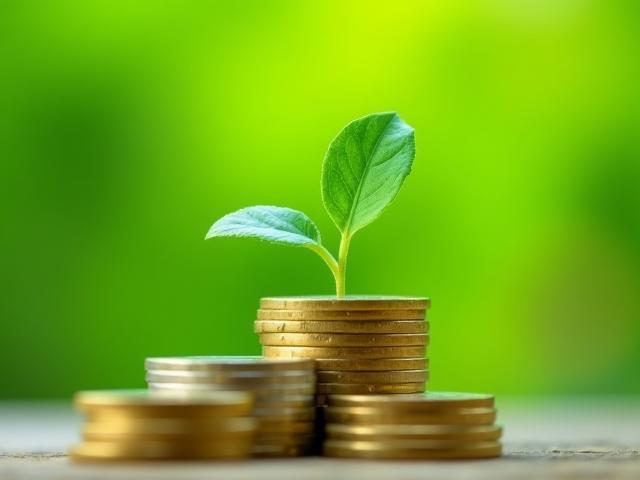 Green leaf growing from coins, symbolizing sustainable investment.